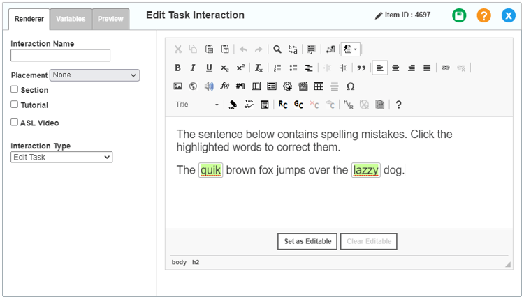 Edit Task interaction editor window: standard Edit Task: Renderer tab